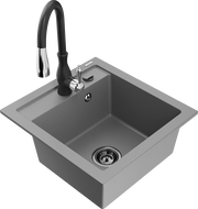 Mexen Vito granite sink 1-bowl with Savita kitchen faucet, gray - 6503-71-672601-70-B