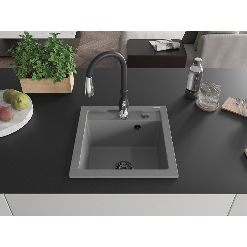 Mexen Vito granite kitchen sink 1-bowl with Savita kitchen faucet, gray - 6503-71-672601-70-B