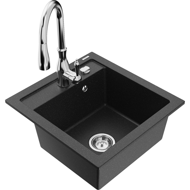 Mexen Vito granite kitchen sink 1-bowl with Savita kitchen faucet, black/silver metallic - 6503-73-672601-00