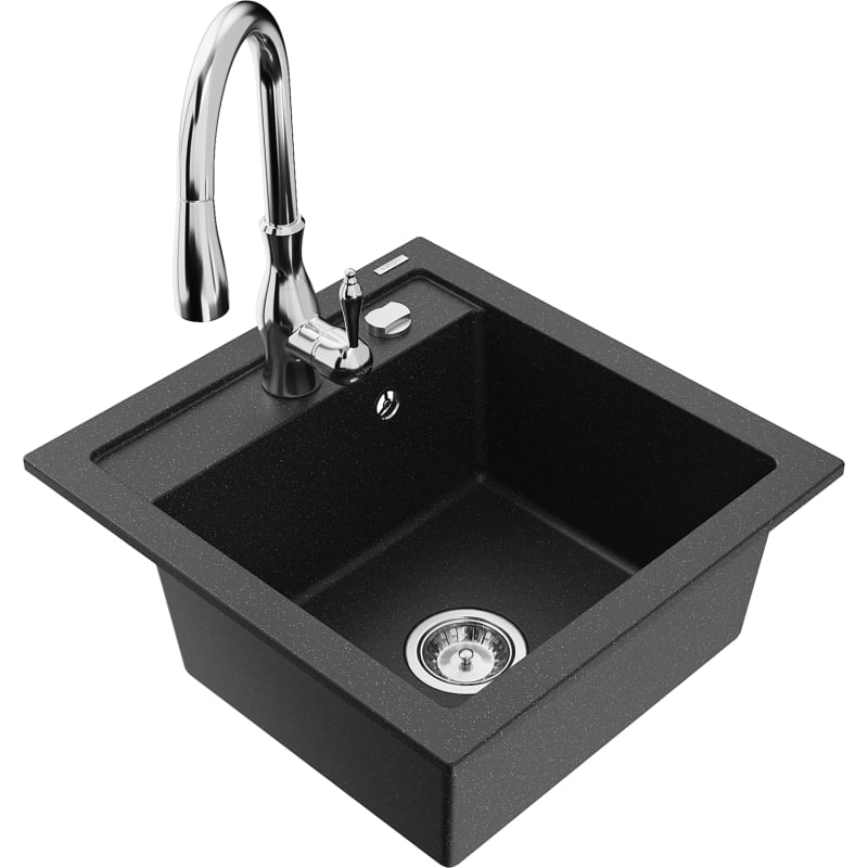 Mexen Vito granite kitchen sink single-bowl with Savita kitchen faucet, black/silver metallic - 6503-73-672601-00