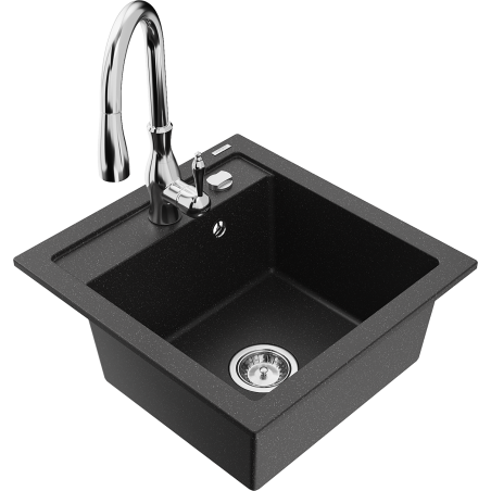 Mexen Vito granite kitchen sink 1-bowl with Savita kitchen faucet, black/silver metallic - 6503-73-672601-00