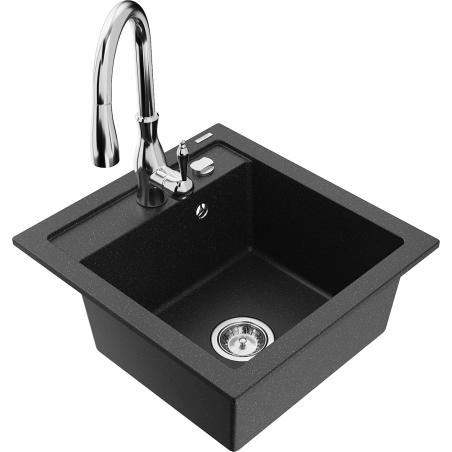 Mexen Vito granite sink 1-bowl with Savita kitchen tap, black/silver metallic - 6503-73-672601-00