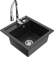 Mexen Vito granite kitchen sink 1-bowl with Savita kitchen faucet, black/silver metallic - 6503-73-672601-00