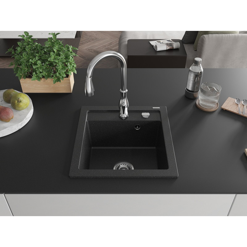 Mexen Vito granite kitchen sink 1-bowl with Savita kitchen faucet, black/silver metallic - 6503-73-672601-00