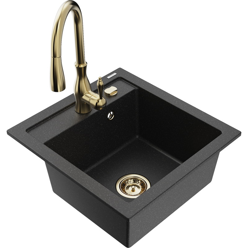 Mexen Vito granite single-bowl kitchen sink with Savita faucet, black/silver metallic - 6503-73-672601-50