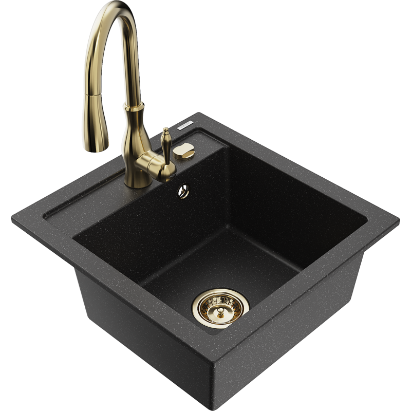 Mexen Vito granite sink 1-bowl with Savita kitchen tap, black/silver metallic - 6503-73-672601-50