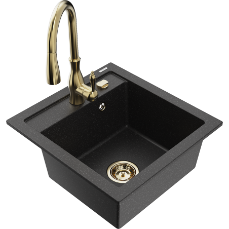 Mexen Vito granite sink 1-bowl with Savita kitchen tap, black/silver metallic - 6503-73-672601-50