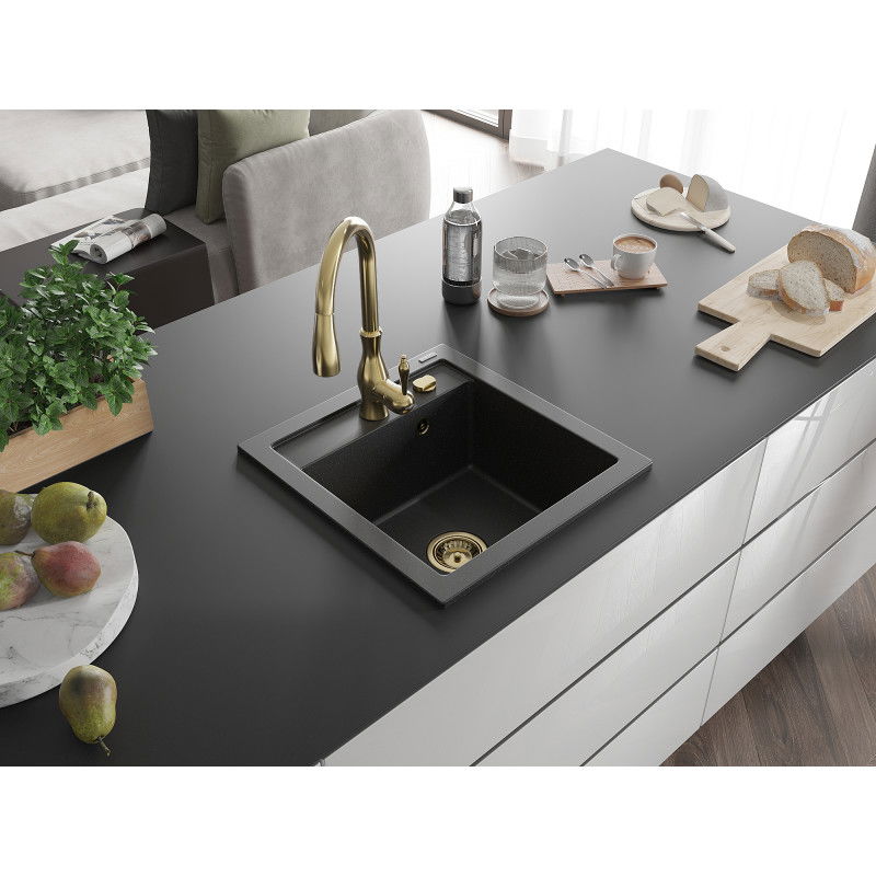 Mexen Vito granite sink 1-bowl with Savita kitchen tap, black/silver metallic - 6503-73-672601-50