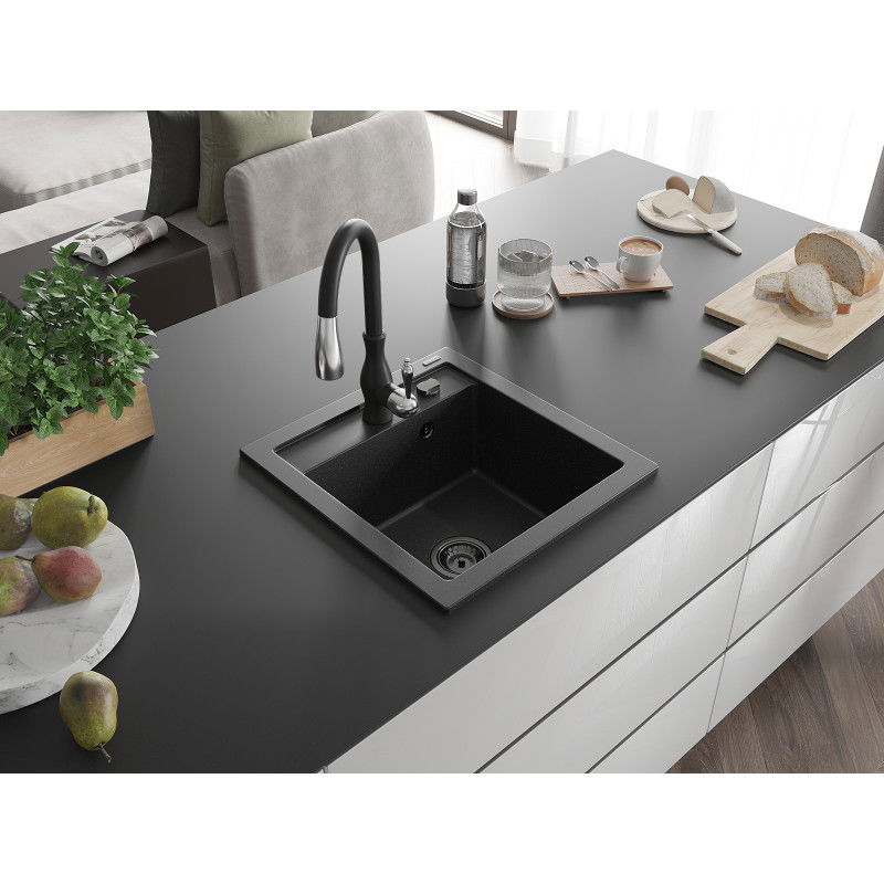 Mexen Vito granite sink 1-bowl with Savita kitchen tap, black/silver metallic - 6503-73-672601-70-B