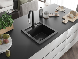 Mexen Vito granite sink 1-bowl with Savita kitchen tap, black/silver metallic - 6503-73-672601-70-B