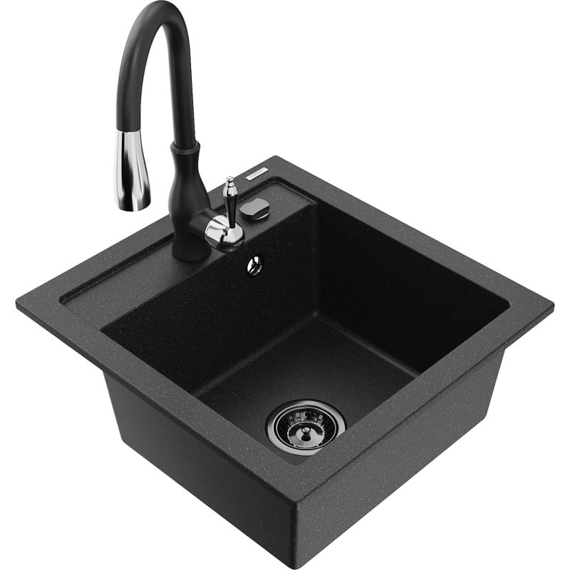 Mexen Vito 1-bowl granite sink with Savita kitchen faucet, black/silver metallic - 6503-73-672601-70-B