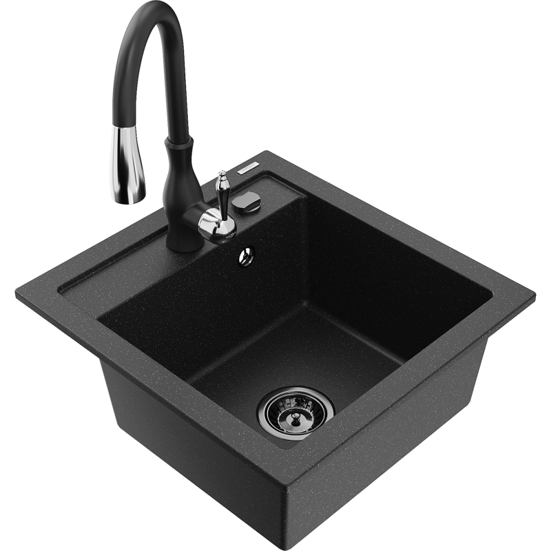 Mexen Vito granite sink 1-bowl with Savita kitchen tap, black/silver metallic - 6503-73-672601-70-B