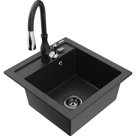 Mexen Vito 1-bowl granite sink with Savita kitchen faucet, black/silver metallic - 6503-73-672601-70-B
