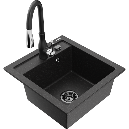 Mexen Vito granite sink 1-bowl with Savita kitchen tap, black/silver metallic - 6503-73-672601-70-B