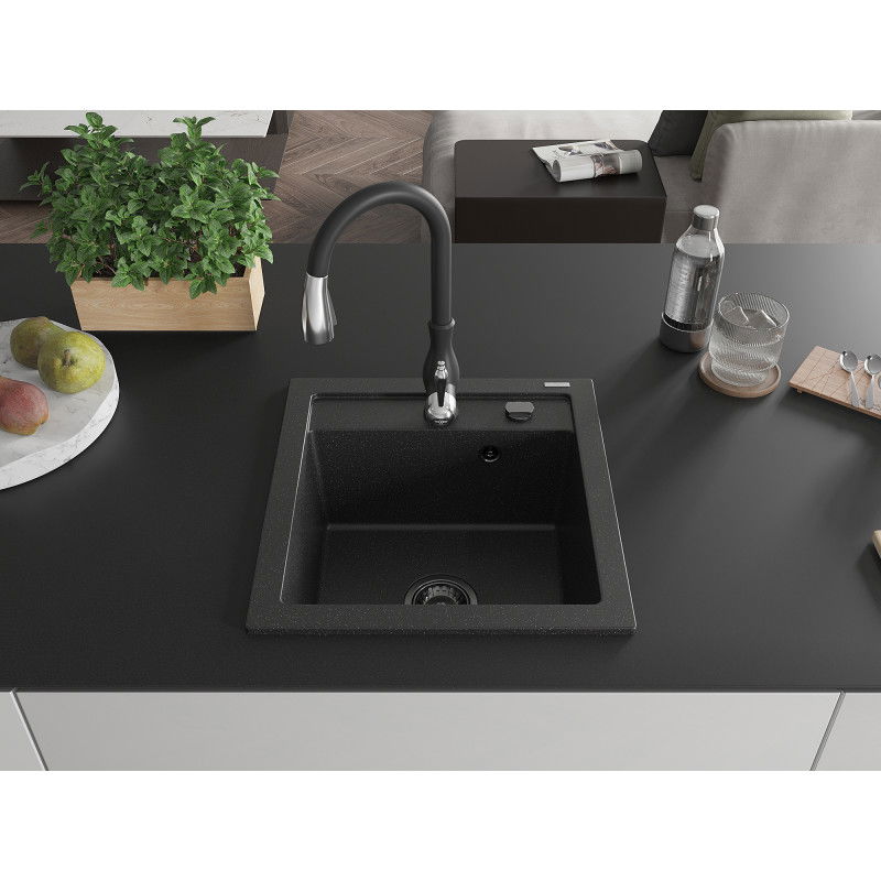 Mexen Vito granite sink 1-bowl with Savita kitchen tap, black/silver metallic - 6503-73-672601-70-B