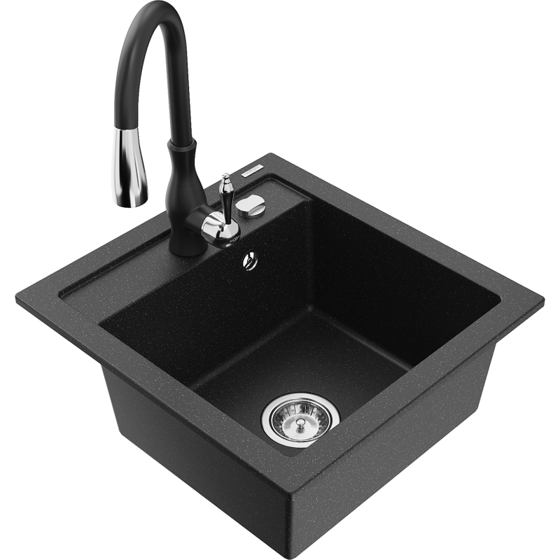Mexen Vito 1-bowl granite sink with Savita kitchen tap, black/silver metallic - 6503-73-672601-70