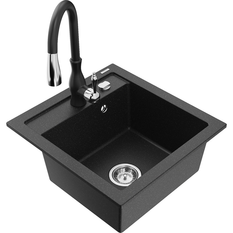 Mexen Vito granite kitchen sink 1-bowl with Savita kitchen faucet, black/silver metallic - 6503-73-672601-70