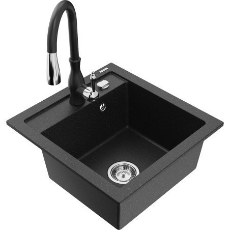 Mexen Vito 1-bowl granite sink with Savita kitchen faucet, black/silver metallic - 6503-73-672601-70