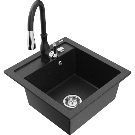 Mexen Vito granite kitchen sink 1-bowl with Savita kitchen faucet, black/silver metallic - 6503-73-672601-70