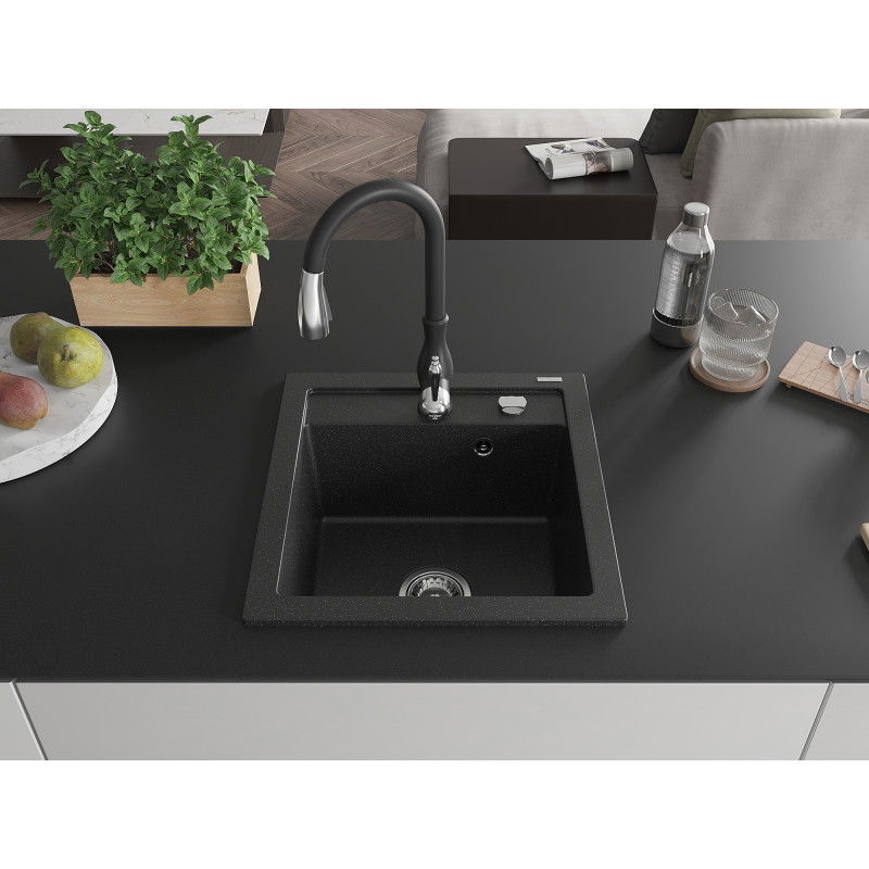 Mexen Vito 1-bowl granite sink with Savita kitchen tap, black/silver metallic - 6503-73-672601-70