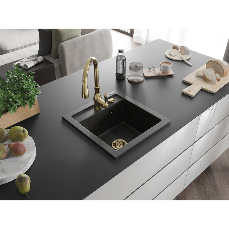 Mexen Vito single-bowl granite sink with Savita kitchen faucet, black/gold metallic - 6503-75-672601-50