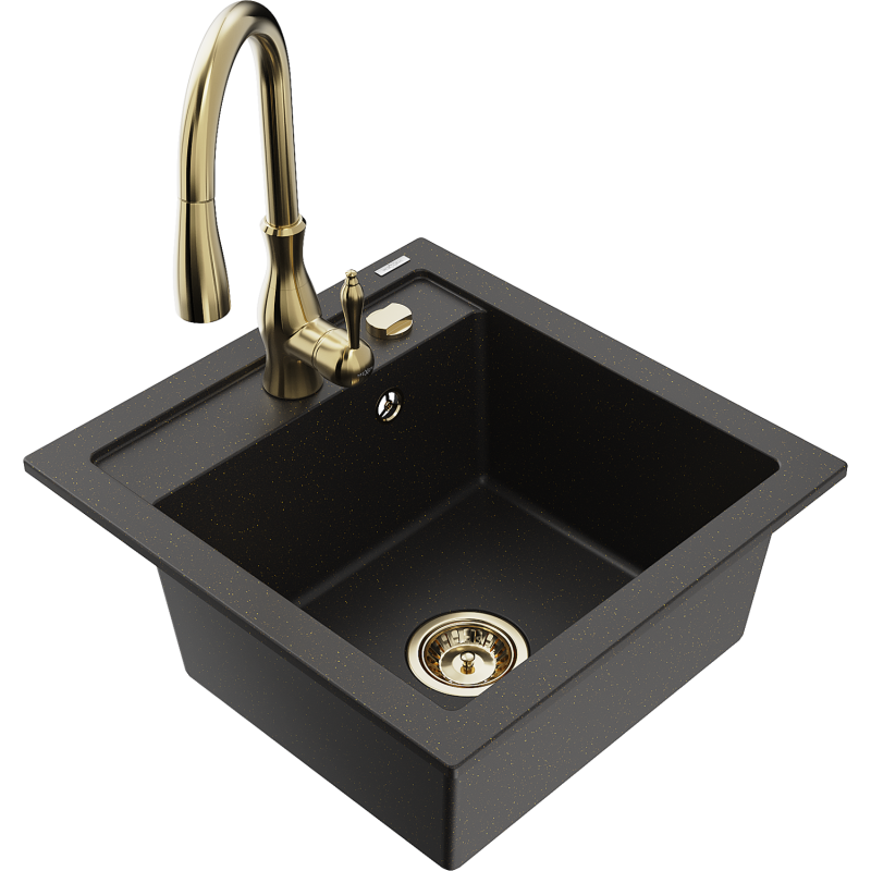 Mexen Vito granite sink 1-bowl with Savita kitchen tap, black/gold metallic - 6503-75-672601-50