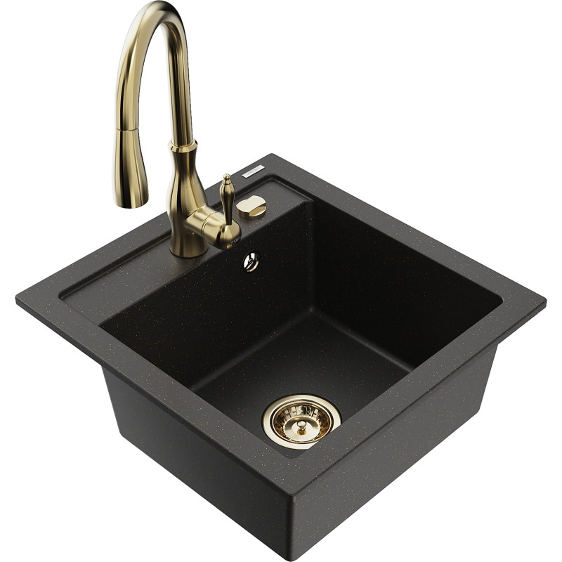 Mexen Vito single-bowl granite sink with Savita kitchen faucet, black/gold metallic - 6503-75-672601-50