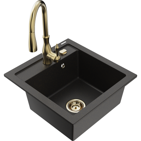 Mexen Vito 1-Bowl Granite Sink with Savita Kitchen Faucet, Black/Gold Metallic - 6503-75-672601-50
