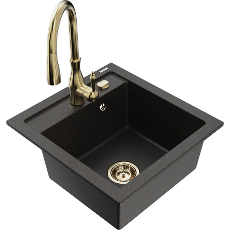 Mexen Vito granite sink 1-bowl with Savita kitchen tap, black/gold metallic - 6503-75-672601-50