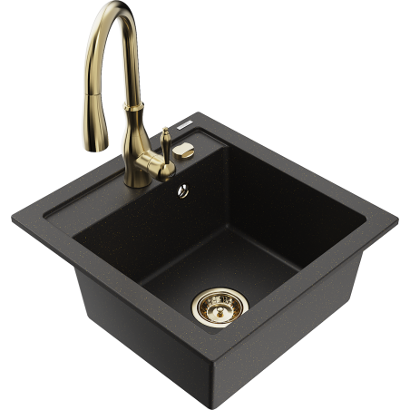 Mexen Vito single-bowl granite sink with Savita kitchen faucet, black/gold metallic - 6503-75-672601-50