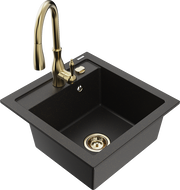 Mexen Vito granite sink 1-bowl with Savita kitchen tap, black/gold metallic - 6503-75-672601-50