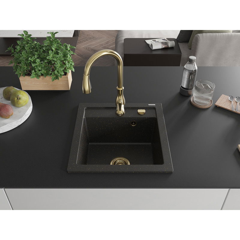 Mexen Vito granite sink 1-bowl with Savita kitchen tap, black/gold metallic - 6503-75-672601-50