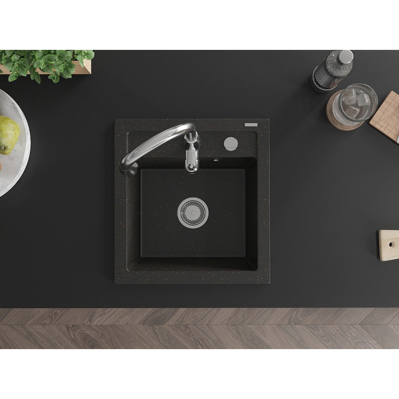 Mexen Vito granite sink 1-bowl with Savita kitchen faucet, black/gold metallic - 6503-75-672601-00