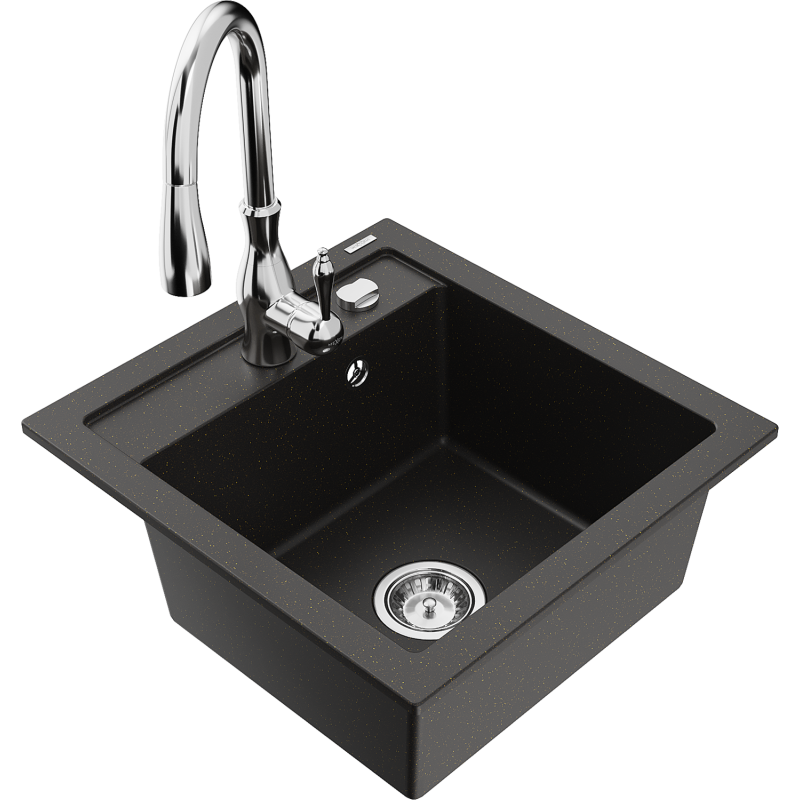 Mexen Vito 1-Bowl Granite Kitchen Sink with Savita Kitchen Tap, Black/Gold Metallic - 6503-75-672601-00