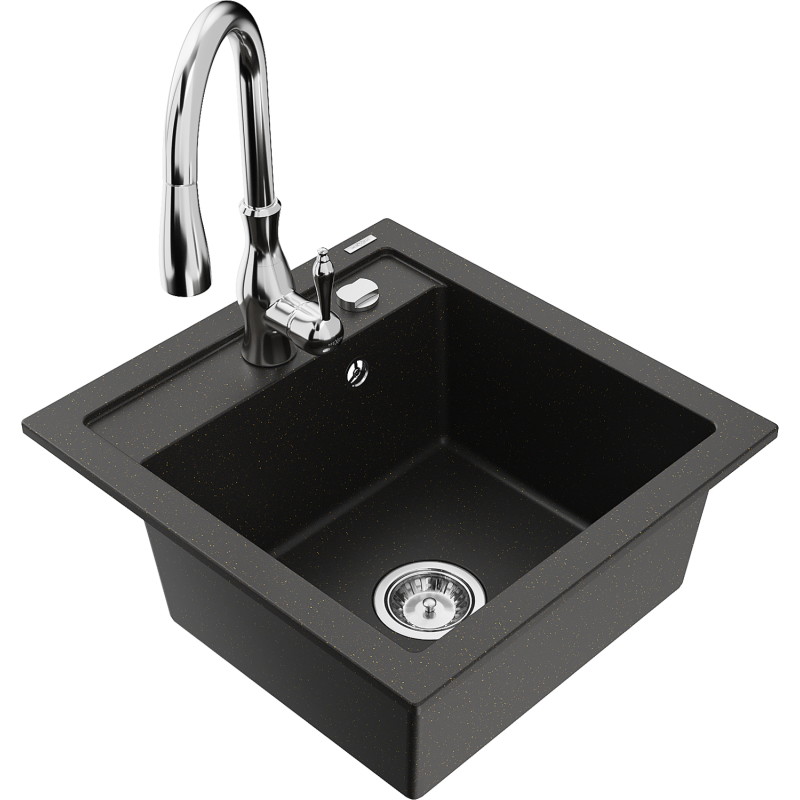 Mexen Vito granite sink 1-bowl with Savita kitchen faucet, black/gold metallic - 6503-75-672601-00