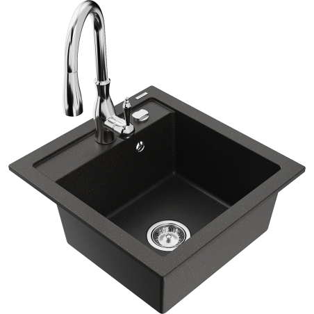 Mexen Vito 1-Bowl Granite Kitchen Sink with Savita Kitchen Tap, Black/Gold Metallic - 6503-75-672601-00