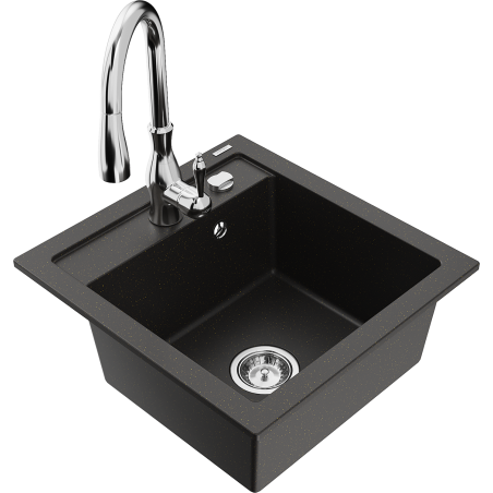 Mexen Vito 1-bowl granite sink with Savita kitchen faucet, black/gold metallic - 6503-75-672601-00