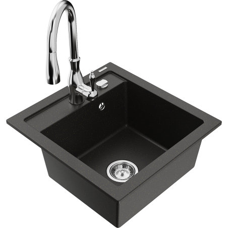 Mexen Vito granite sink 1-bowl with Savita kitchen faucet, black/gold metallic - 6503-75-672601-00