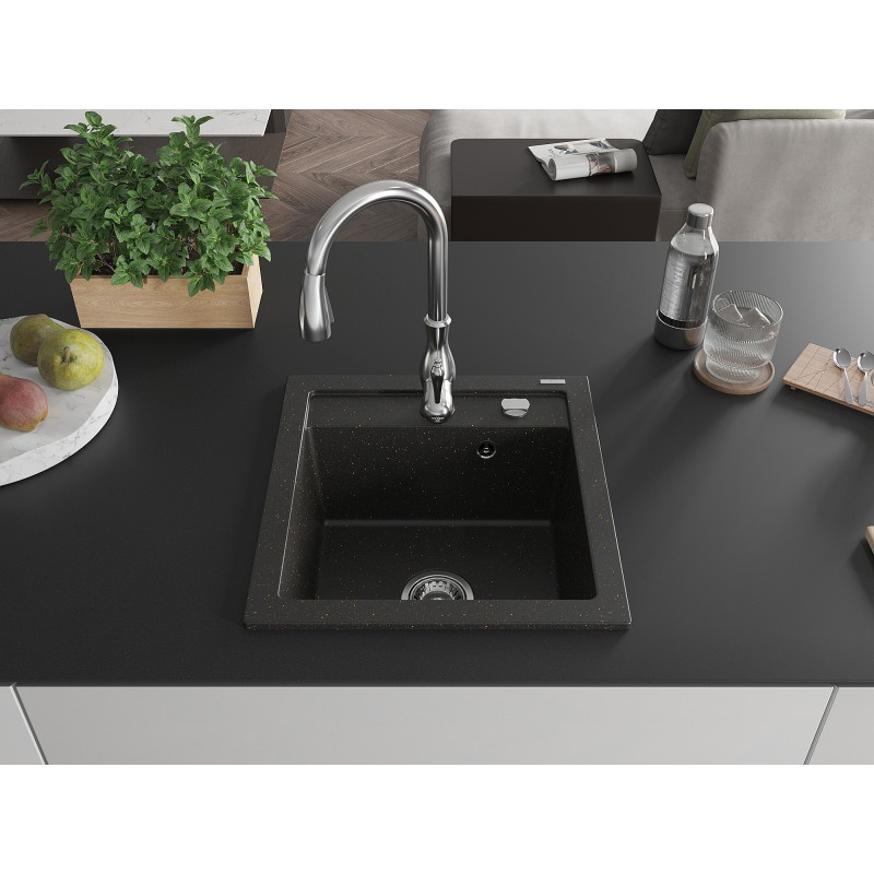 Mexen Vito granite sink 1-bowl with Savita kitchen faucet, black/gold metallic - 6503-75-672601-00