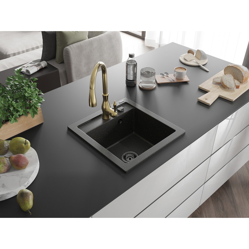 Mexen Vito granite single-bowl sink with Savita kitchen faucet, black/gold metallic - 6503-75-672601-50-B