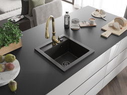 Mexen Vito granite single-bowl sink with Savita kitchen faucet, black/gold metallic - 6503-75-672601-50-B