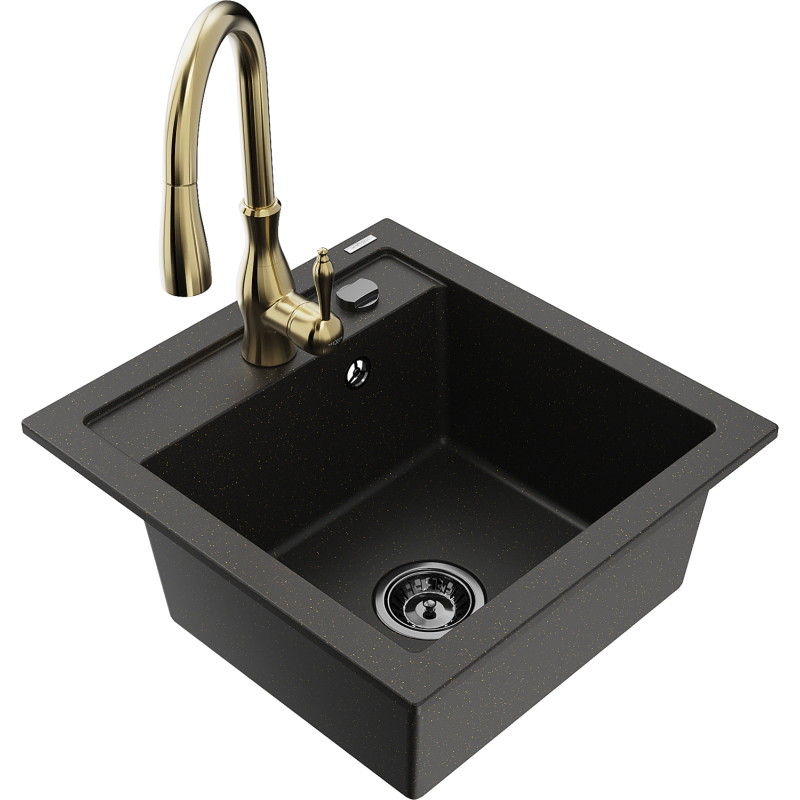 Mexen Vito granit kitchen sink 1-bowl with Savita faucet, black/gold metallic - 6503-75-672601-50-B
