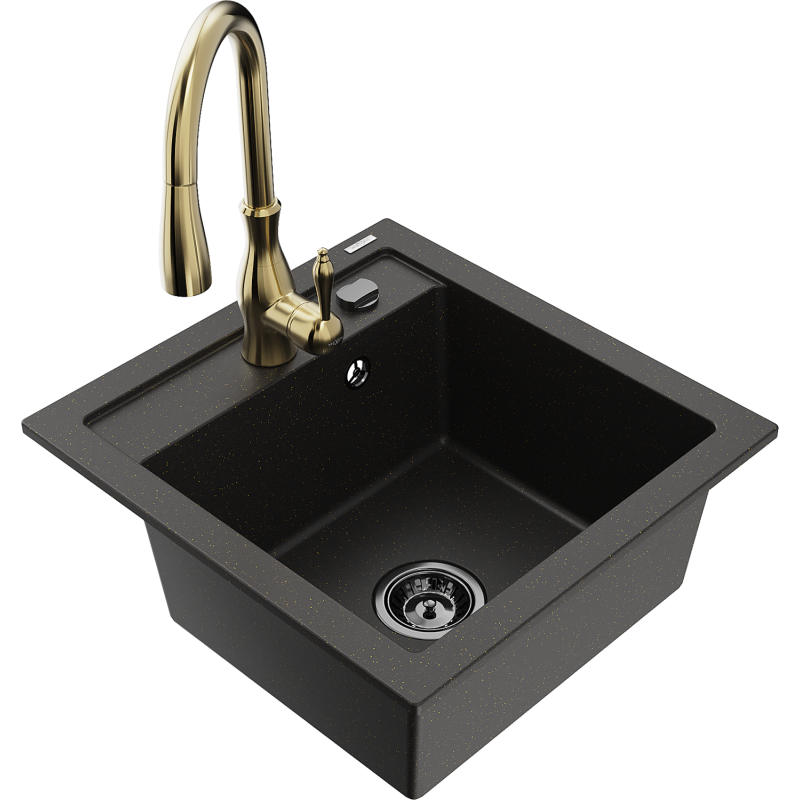 Mexen Vito granite sink 1-bowl with Savita kitchen tap, black/golden metallic - 6503-75-672601-50-B