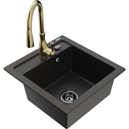 Mexen Vito granit kitchen sink 1-bowl with Savita faucet, black/gold metallic - 6503-75-672601-50-B