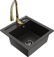 Mexen Vito granite single-bowl sink with Savita kitchen faucet, black/gold metallic - 6503-75-672601-50-B