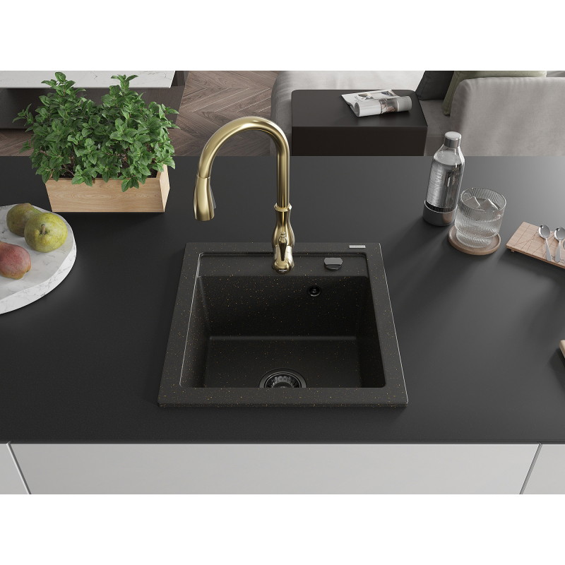 Mexen Vito granite single-bowl sink with Savita kitchen faucet, black/gold metallic - 6503-75-672601-50-B