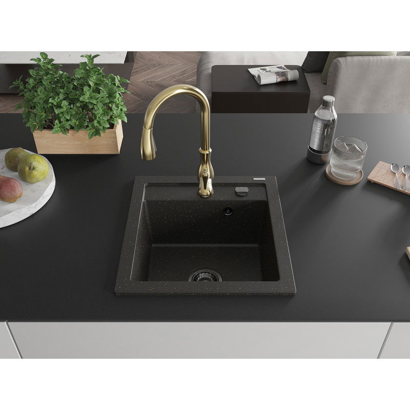 Mexen Vito granite sink 1-bowl with Savita kitchen tap, black/golden metallic - 6503-75-672601-50-B