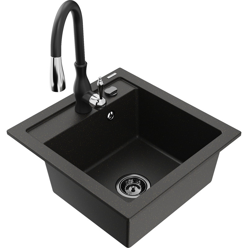 Mexen Vito 1-bowl granite sink with kitchen faucet Savita, black/gold metallic - 6503-75-672601-70-B