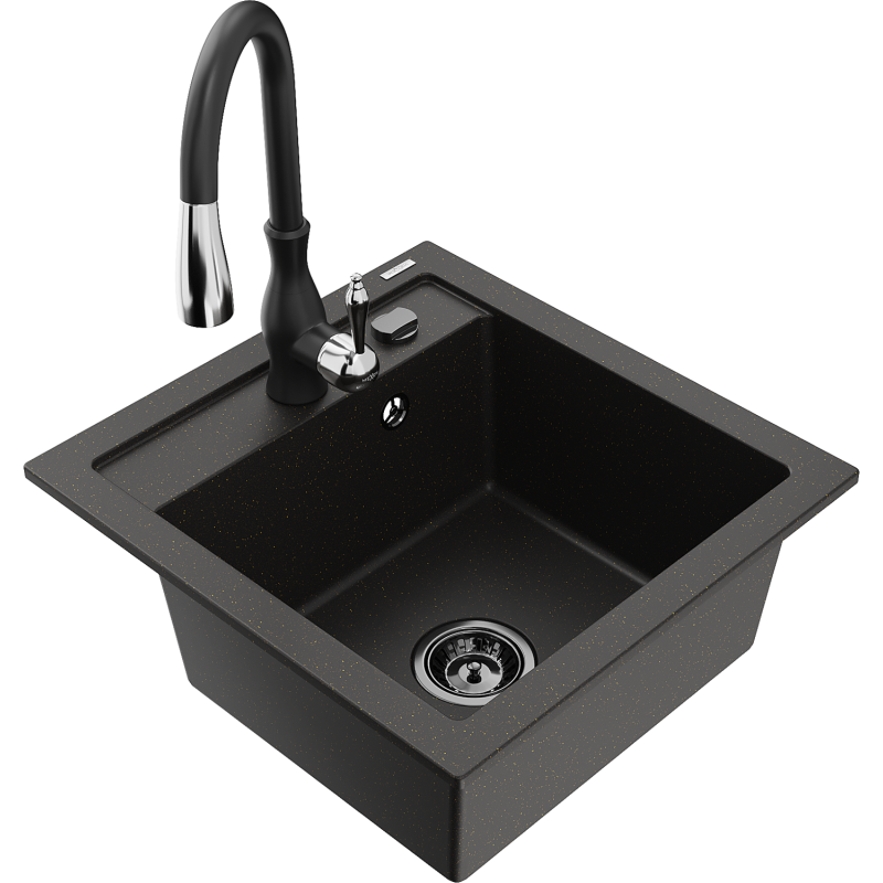 Mexen Vito 1-bowl granite sink with Savita kitchen tap, black/gold metallic - 6503-75-672601-70-B