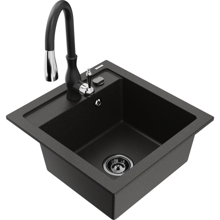 Mexen Vito 1-bowl granite sink with kitchen faucet Savita, black/golden metallic - 6503-75-672601-70-B